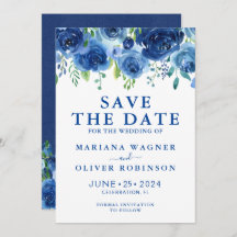 保存日付カード ネイビーブルー 水彩 花