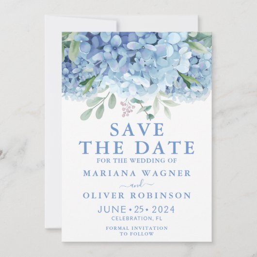保存日付カード 青いハイドランジア 花のウェディング 招待状 (正面)
