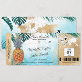 保存日付トロピカルパイナップル搭乗券 招待状 (正面/裏面)