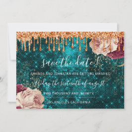 保存日付花模様バラリース銅ドリップティール（緑がかった色） セーブザデート