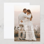 保存日付、おしゃれな白いカリグラフィーの結婚式写真 招待状 (正面/裏面)