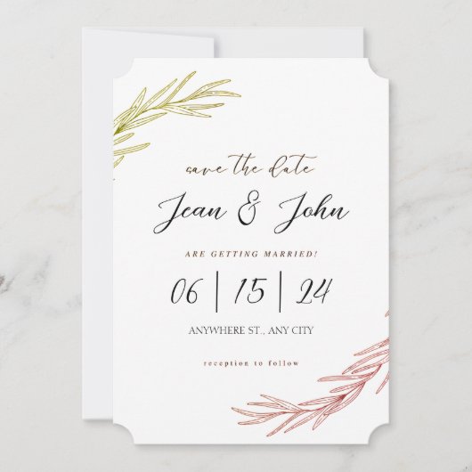 保存日付 かわいいリーフ ウェディング 招待状 (正面)