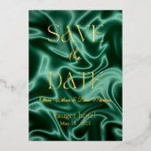 保存日付 エメラルドグリーンのシルク背景 ホイル加工 箔招待状 (正面)