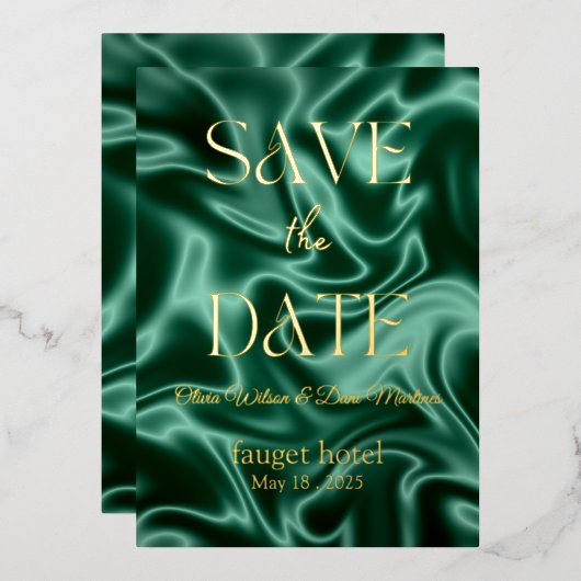 保存日付 エメラルドグリーンのシルク背景 ホイル加工 箔招待状 (正面/裏面)