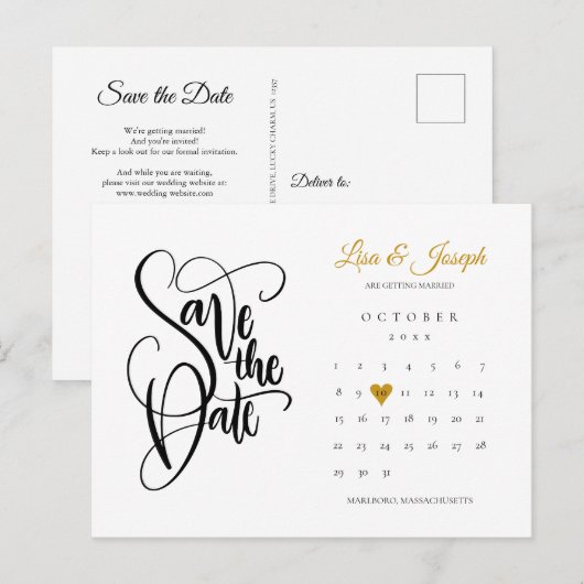 保存日付 ゴールド ハート カレンダー QR コード 案内ポストカード (正面/裏面)