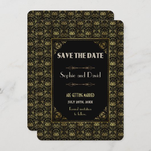 保存日付 | ゴールド ブラック ロアリング 20年代 アートデコ 招待状 (正面/裏面)