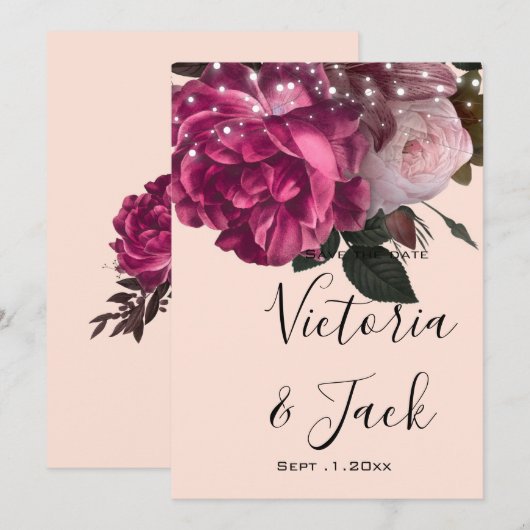 保存日付 ストリング ライト バーガンディー フラワー 招待状 (正面/裏面)