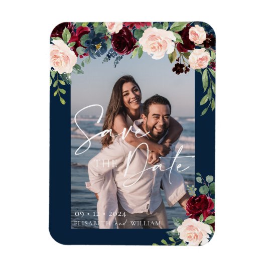 保存日付 フォト ネイビー バーガンディーとブラッシュ マグネット (縦)