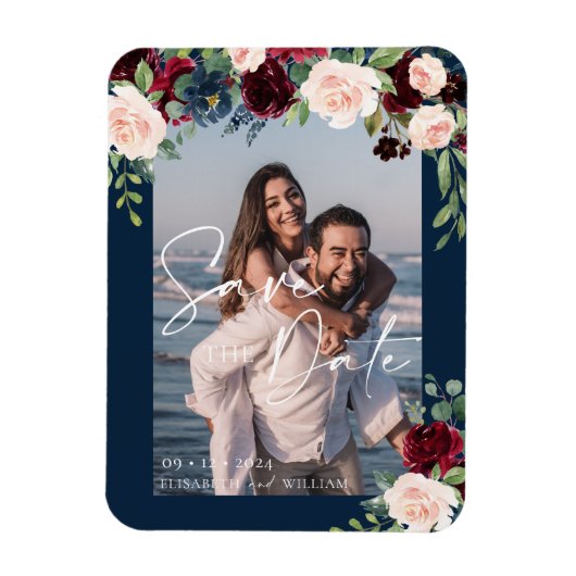 保存日付 フォト ネイビー ワインレッドとピンク マグネット (縦)