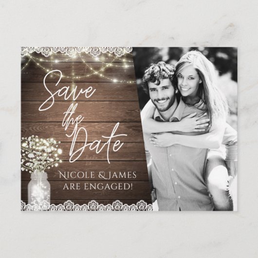 保存日付 ラスティック メイソンジャー ベイビーズブレス フォト 案内ポストカード (正面)