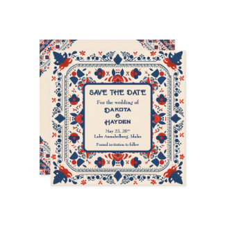 保存日付、民俗アートの花柄、赤、白、青 招待状