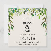 保存日付 緑の花 葉 オリーブの花輪 招待状 (正面)