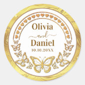 保存日付、金の蝶とハート ラウンドシール (正面)