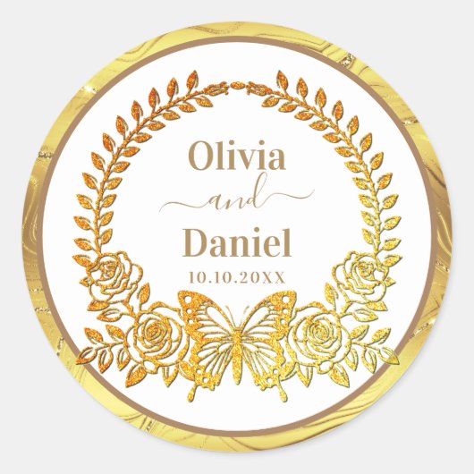 保存日付、金の蝶と花 ラウンドシール (正面)