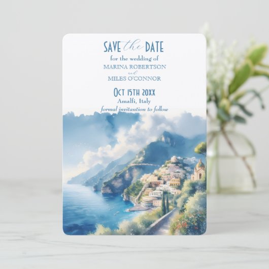 保存日：アマルフィ 水彩画 イタリア 目的地 招待状 (スタンド正面)