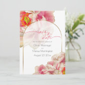 保存日 | エキゾチックなコーラル ローズ ピオニー  招待状 (スタンド正面)
