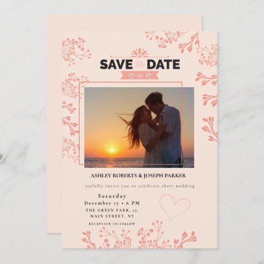 保存日 – エレガントなピンクの花の写真 ウェディング  シーズンカード (正面/裏面)