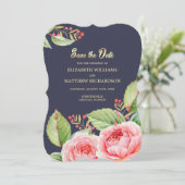 保存日。ネイビーブルーの水彩花柄カード セーブザデート (スタンド正面)