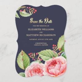 保存日。ネイビーブルーの水彩花柄カード セーブザデート