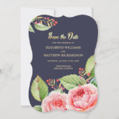 保存日。ネイビーブルーの水彩花柄カード セーブザデート (正面)