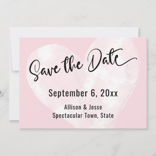 【保存日】 ピンクのカードに白い水彩のハート セーブザデート (正面)