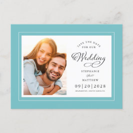 保存日 フォトアクア ブルー グリーン シック ウェディング 案内ポストカード
