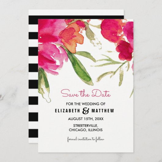 保存日。フューシャの花の水彩画ウェディング セーブザデート (正面/裏面)
