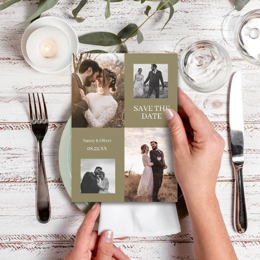 保存日 結婚式 現代の写真コラージュ 招待状