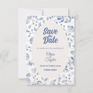 【保存用】ダスティーブルーの水彩フラワーがデザインされた「Save The Date」カード セーブザデート