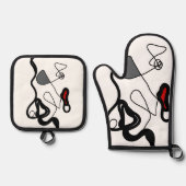 保持パターン：抽象芸術ブラック、ホワイト、グレー、レッド 鍋つかみ&鍋敷きセット (正面)