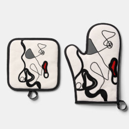 保持パターン：抽象芸術ブラック、ホワイト、グレー、レッド 鍋つかみ&鍋敷きセット