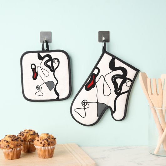 保持パターン：抽象芸術ブラック、ホワイト、グレー、レッド 鍋つかみ&鍋敷きセット (インサイチュ (吊り下げ))