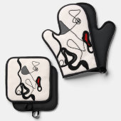 保持パターン：抽象芸術ブラック、ホワイト、グレー、レッド 鍋つかみ&鍋敷きセット (正面/裏面)