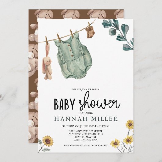 保男女兼用保 |水彩赤ちゃんシャワー 招待状 (正面/裏面)