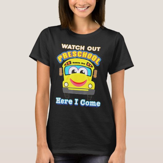 保育園ここで私はスクールバ来スキッドをバック Tシャツ (正面)