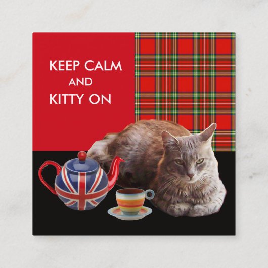 「保落ち着いて子猫」猫茶パーティー、赤タータンチェック スクエア名刺 (裏面)