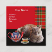 「保落ち着いて子猫」猫茶パーティー、赤タータンチェック スクエア名刺 (正面)