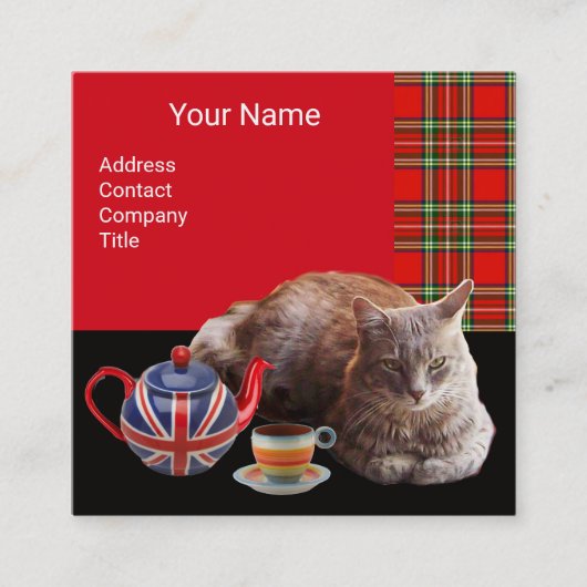 「保落ち着いて子猫」猫茶パーティー、赤タータンチェック スクエア名刺 (正面)