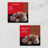 「保落ち着いて子猫」猫茶パーティー、赤タータンチェック スクエア名刺 (正面/裏面)