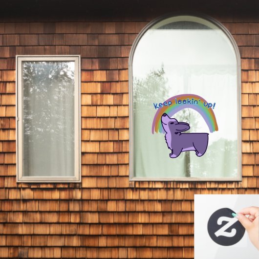 「保見ろ!」 かわいいコーギレインボーウィンドウにしがみつく ウィンドウサイン (ホームウィンドウ)