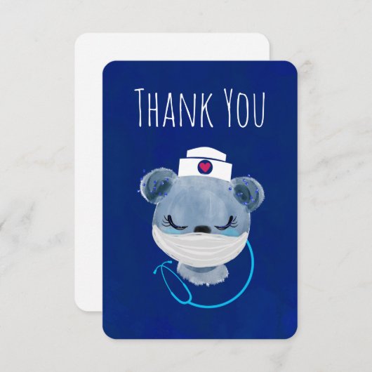 保護マスクを着けたかわいい青クマのナース サンキューカード (正面/裏面)
