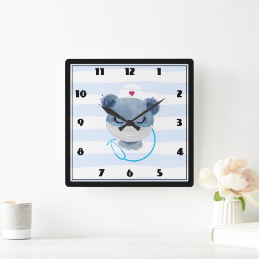 保護マスクを着たカワイトナース スクエア壁時計 (ホーム)