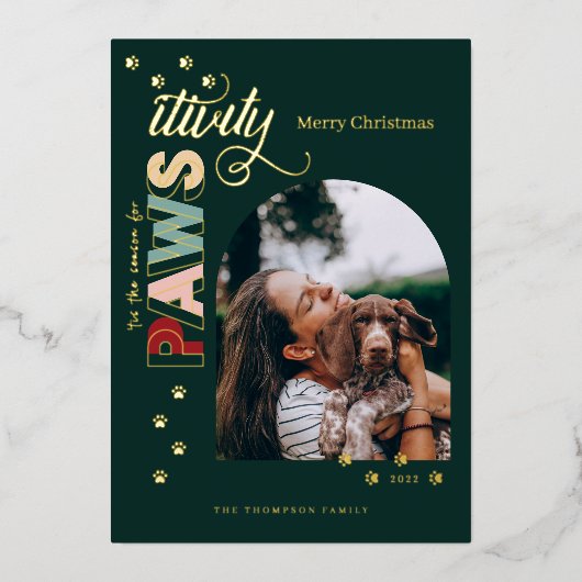 保護期間のシーズンおもしろい赤ペットドッグフォトグリーン 箔シーズンカード (正面)