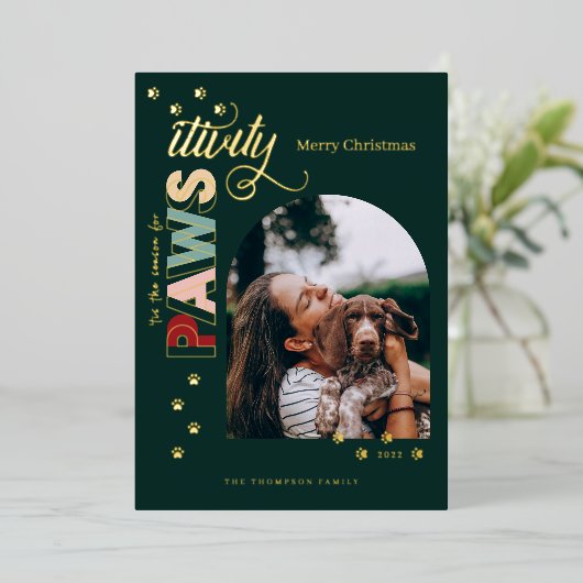 保護期間のシーズンおもしろい赤ペットドッグフォトグリーン 箔シーズンカード (立ち正面)