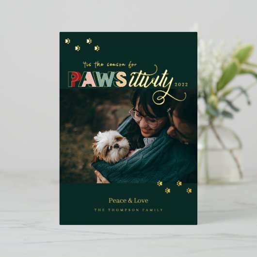 保護活動のシーズンおもしろいグリーンペットドッグフォト 箔シーズンカード (立ち正面)