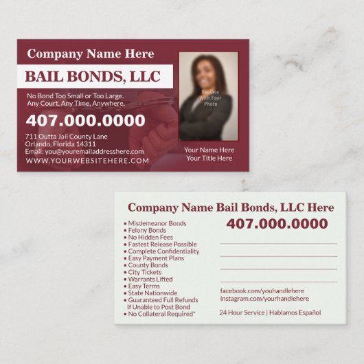 保釈保証金写真ビジネスカスタマイズカードテンプレート 名刺 (正面/裏面)