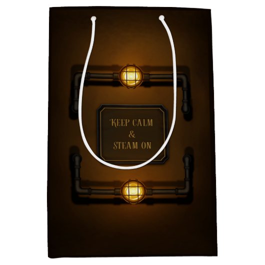 「保Calm & Steam On」マシンエージステームパンク ミディアムペーパーバッグ (正面)