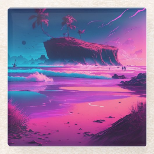 保Touch |ピンクの海波 ガラスコースター (正面)