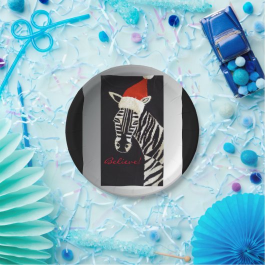 信じて下さい! サンタの赤い帽子を持つクリスマスのシマウマ ペーパープレート (パーティー)