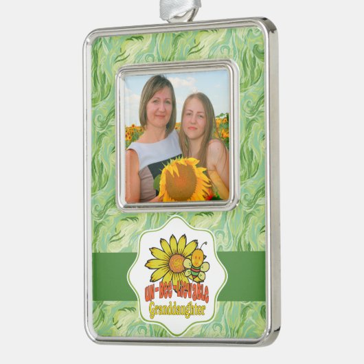 信じられない孫娘ひまわりの花とミツバチ シルバープレートフレームオーナメント (左)